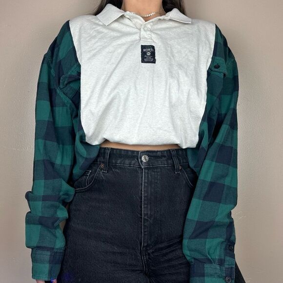 RedHead Tops - Reworked Redhead Long Sleeve Buffalo Green Western Oversized Flannel Shirt Top